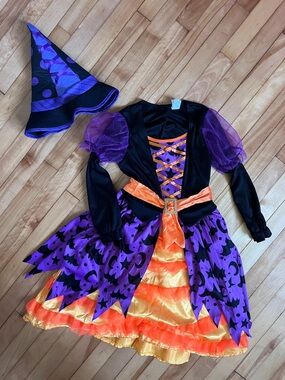 Purple & Orange Witch Costume Dress with Hat - Kids